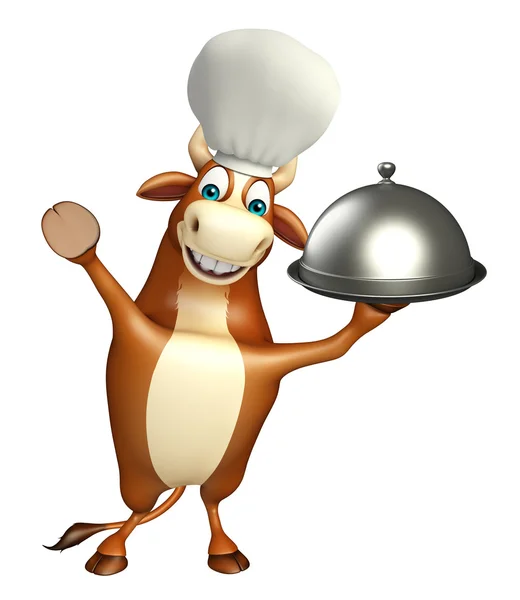 Bull kreslená postava s kloboukem šéfkuchaře a cloche — Stock fotografie