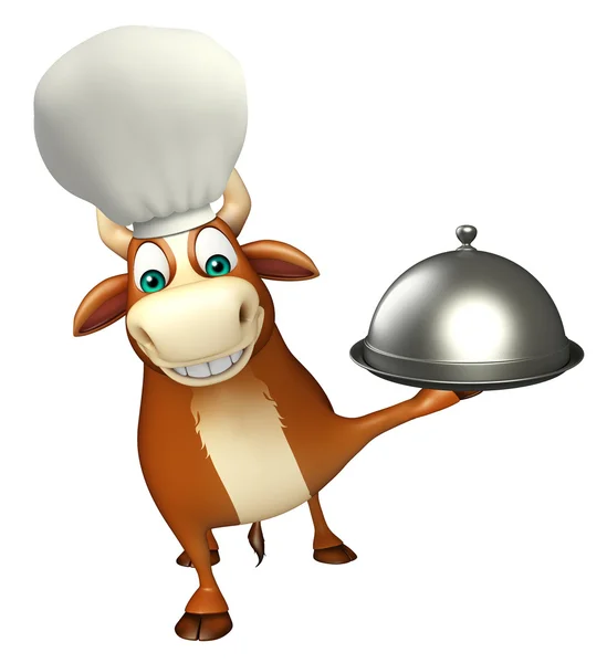 Bull cartoon character with chef hat and cloche — Stock Photo, Image