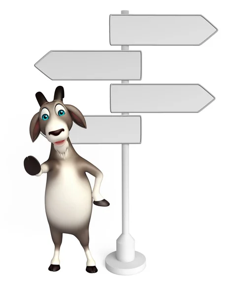 Divertido personagem de desenho animado de cabra com sinal de caminho — Fotografia de Stock