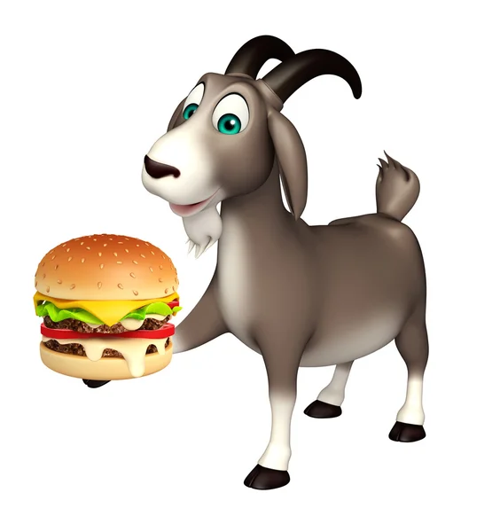 Niedliche Ziegen-Cartoon-Figur mit Burger — Stockfoto