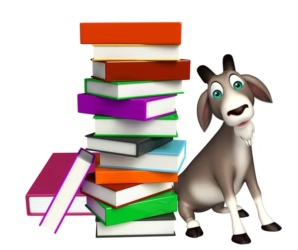 Fun Goat cartoon character with book stack — Stock Photo, Image