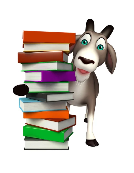Divertido personaje de dibujos animados de cabra con pila de libros —  Fotos de Stock
