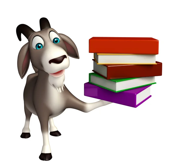 Divertido personaje de dibujos animados de cabra con pila de libros —  Fotos de Stock