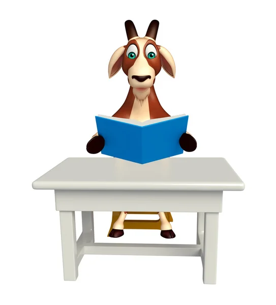 Χαριτωμένο χαρακτήρα κινουμένων σχεδίων κατσίκα με τραπέζι και καρέκλα — Φωτογραφία Αρχείου