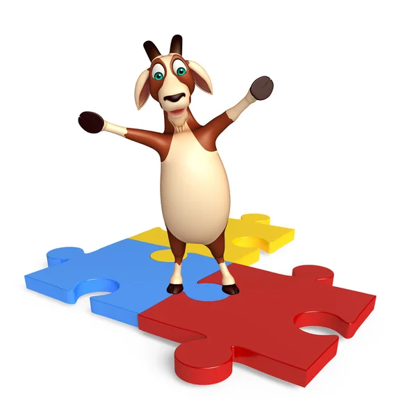 Cute Goat cartoon character with puzzle — Stock Photo, Image