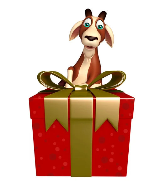 Divertido personaje de dibujos animados de cabra con caja de regalo —  Fotos de Stock