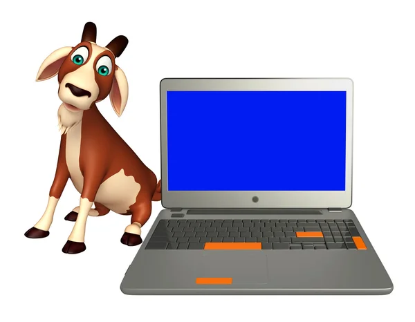 Lindo personaje de dibujos animados de cabra con portátil —  Fotos de Stock