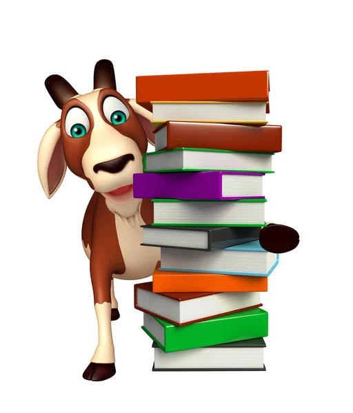 Fun Goat cartoon character with book stack — Stock Photo, Image