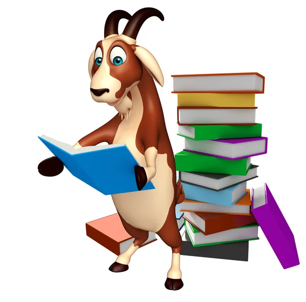 Divertido personagem de desenho animado de cabra com pilha de livro — Fotografia de Stock