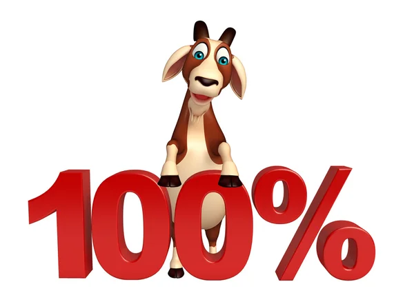 Divertido personagem de desenho animado de cabra com sinal de 100% — Fotografia de Stock