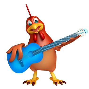 Tavuk çizgi film karakteri gitar ile 3D render çizimi