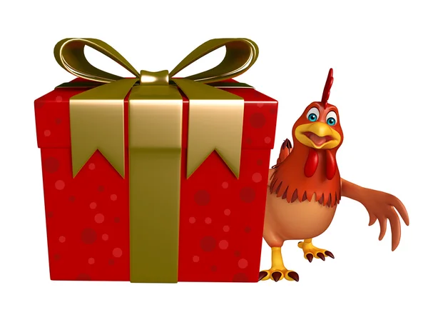 Tavuk çizgi film karakteri hediye kutusu ile 3D render çizimi — Stok fotoğraf