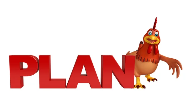 Tavuk çizgi film karakteri planı işareti ile 3D işlenmiş çizimi — Stok fotoğraf