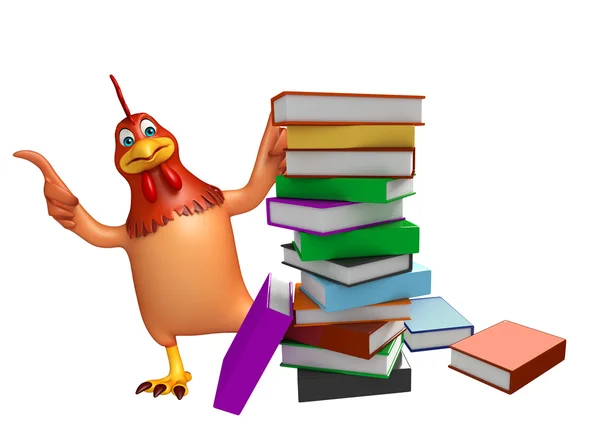 Illustration en 3D du personnage de dessin animé Poule avec pile de livres — Photo