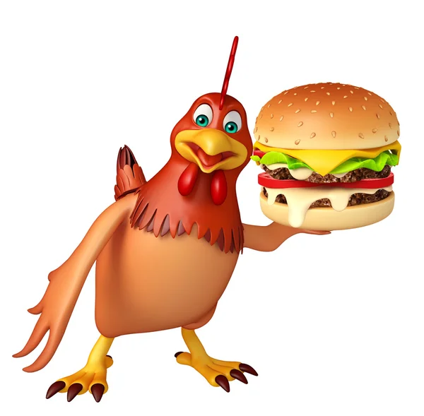 3D gerenderte Illustration der Henne Cartoon-Figur mit Burger — Stockfoto