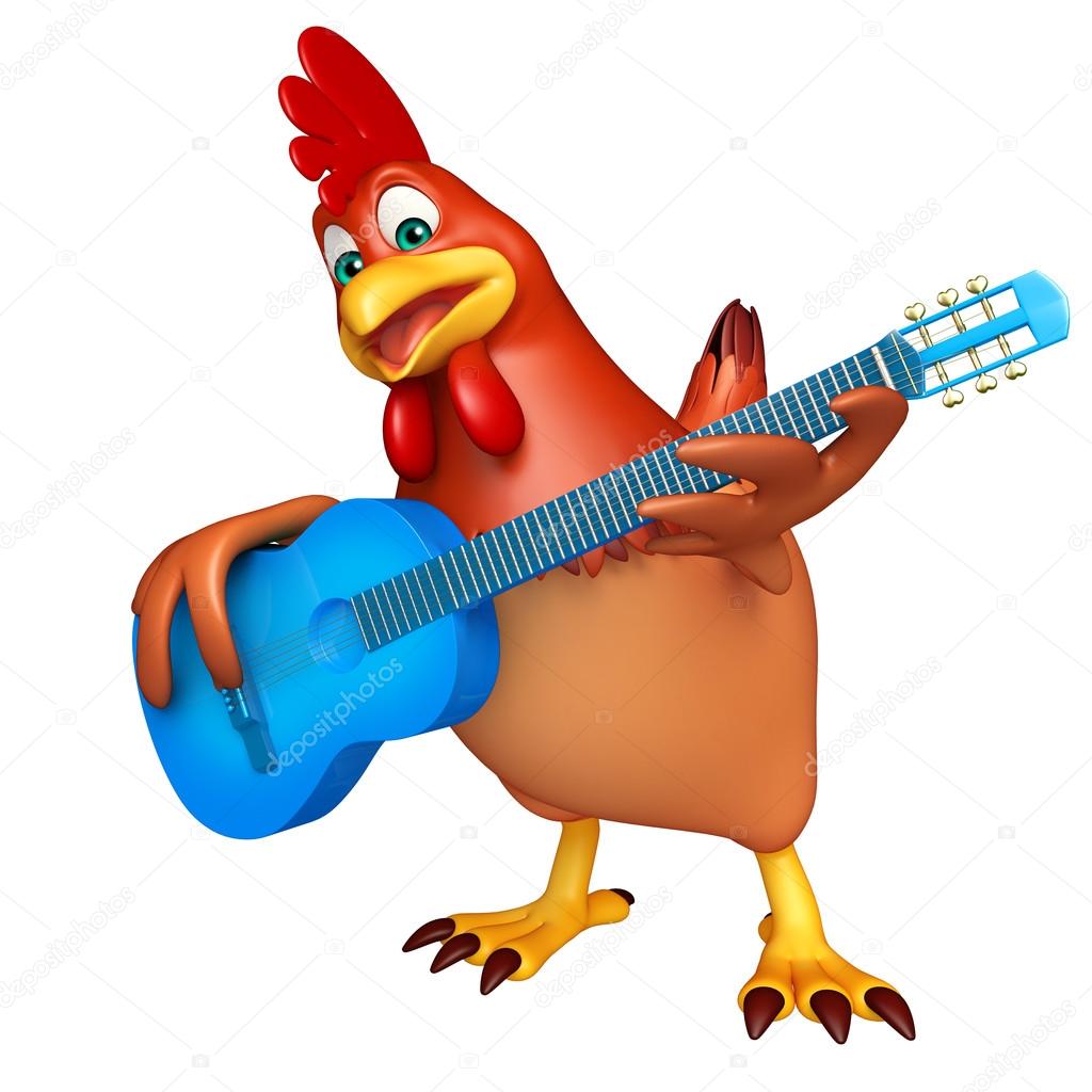 3d rendered illustration of Hen cartoon character with guitar
