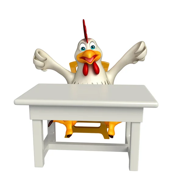 Amusant personnage de dessin animé Poule avec table et chaise — Photo