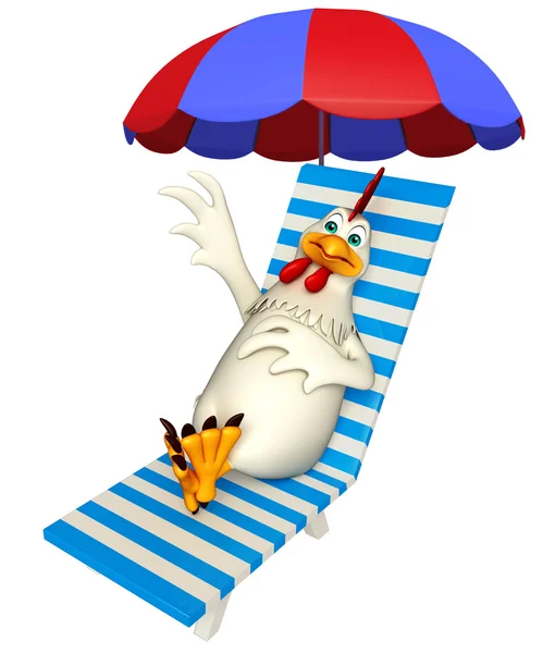 Personaje de dibujos animados de gallina con silla de playa —  Fotos de Stock