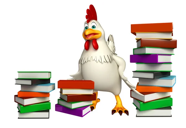 Χαριτωμένο χαρακτήρα κινουμένων σχεδίων κότα με βιβλία — Φωτογραφία Αρχείου