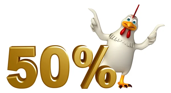 Divertido personaje de dibujos animados de gallina con 50% signo —  Fotos de Stock