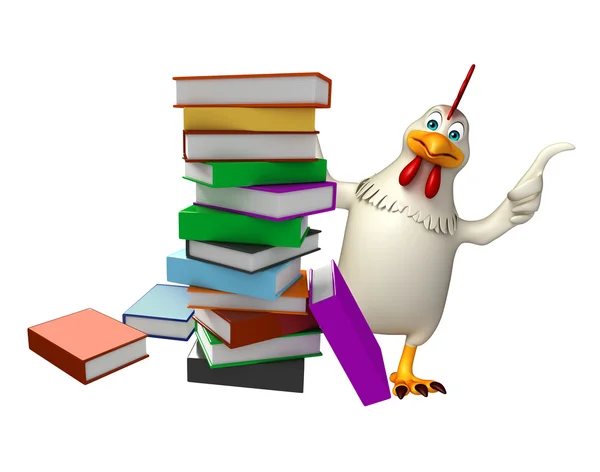 Niedliche Henne Cartoon-Figur mit Büchern — Stockfoto
