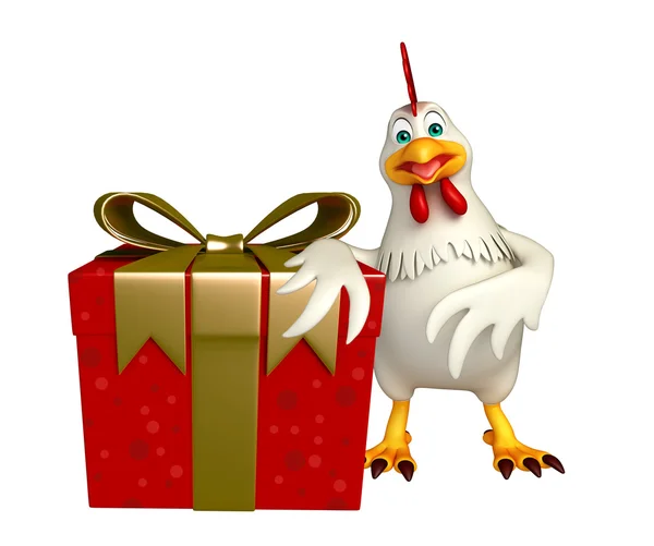 Personaje de dibujos animados de gallina con caja de regalo — Foto de Stock