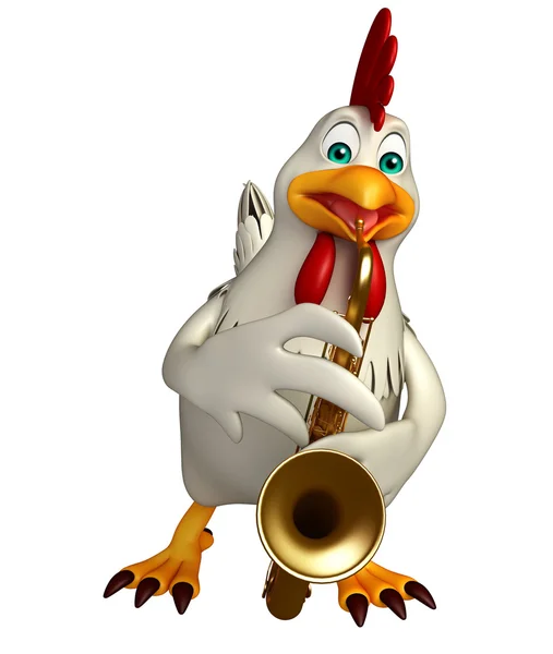 Carino gallina personaggio dei cartoni animati con sassofono — Foto Stock