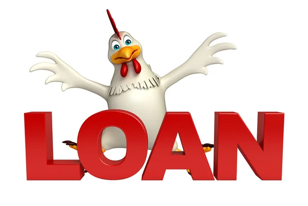 有趣的母鸡卡通人物与贷款标志 — 图库照片