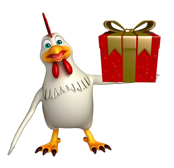 Personaje de dibujos animados de gallina con caja de regalo — Foto de Stock