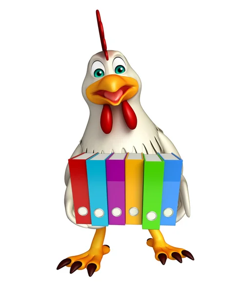 Personaje de dibujos animados de gallina con archivos —  Fotos de Stock