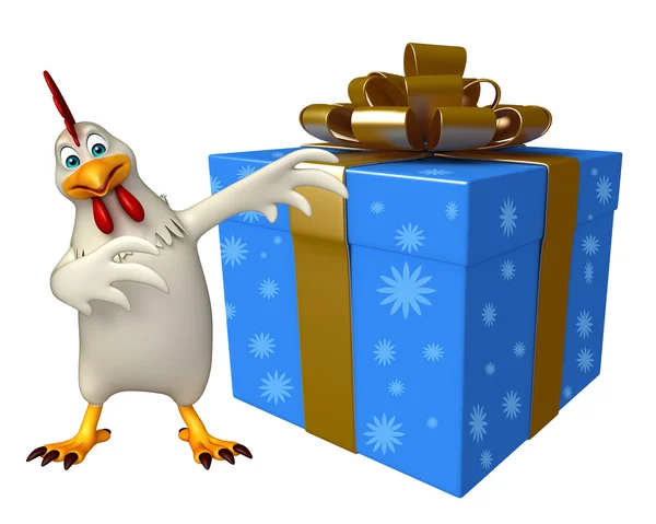 Personagem de desenho animado galinha com caixa de presente — Fotografia de Stock