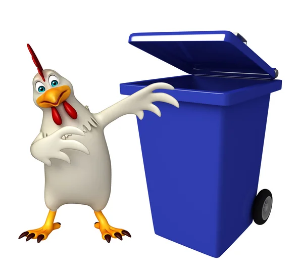 Fun  Hen cartoon character with dustbin — Stock Photo, Image