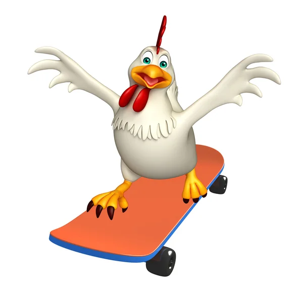 Fun Hen cartoon character  with skateboard — Stock Photo, Image