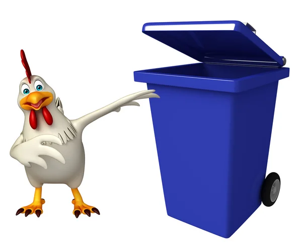 Eğlenceli tavuk çizgi film karakteri ile çöp kovası — Stok fotoğraf