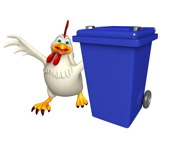 Divertido personaje de dibujos animados de gallina con cubo de basura —  Fotos de Stock