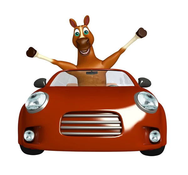 Divertido Cavalo personagem dos desenhos animados com carro — Fotografia de Stock