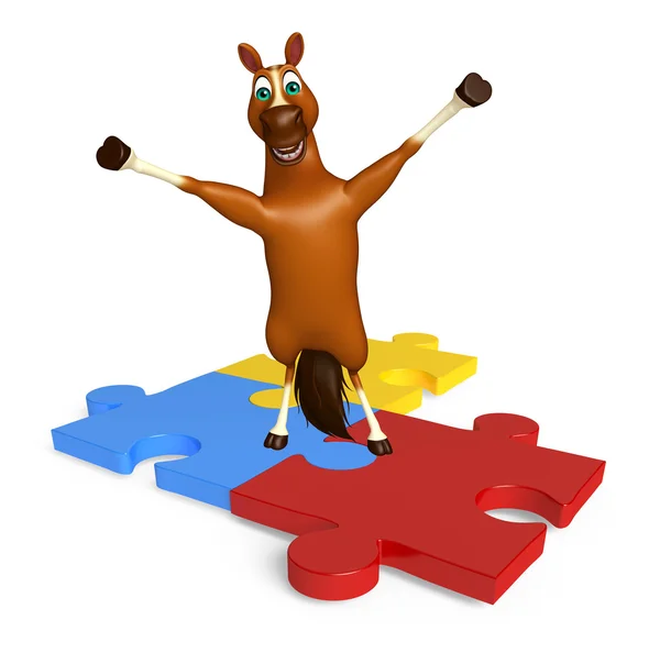 Niedliche Pferd Cartoon-Figur mit Puzzle-Zeichen — Stockfoto