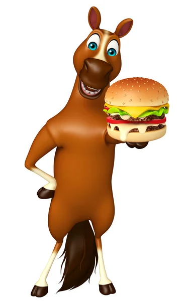Divertido personaje de dibujos animados caballo con hamburguesa — Foto de Stock