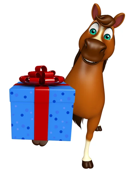 Cute Horse cartoon character with giftbox — Stock Photo, Image