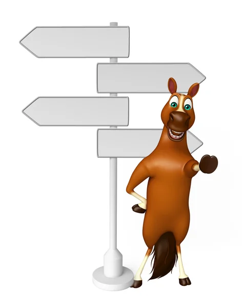 Забавный персонаж мультфильма "Лошадь" с дорожным знаком — стоковое фото