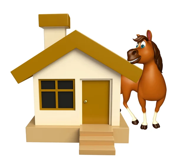 Diversão Cavalo personagem dos desenhos animados com casa — Fotografia de Stock