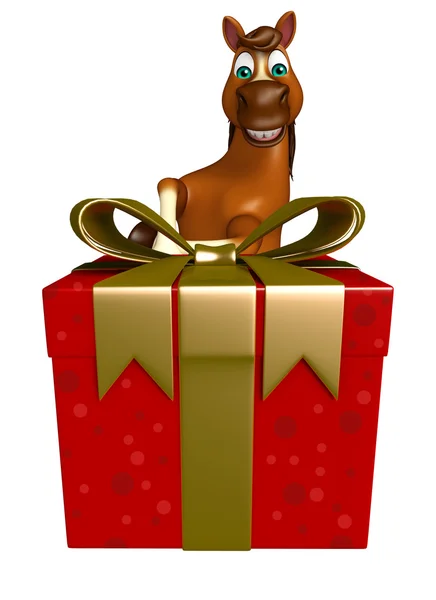 Lindo personaje de dibujos animados Caballo con caja de regalo —  Fotos de Stock