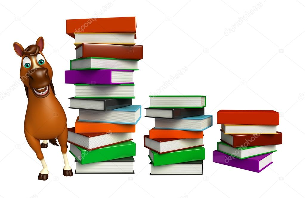 fun Horse cartoon character with books  