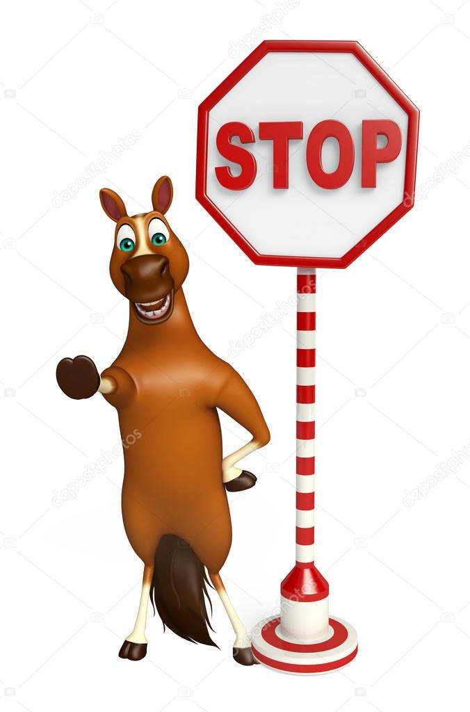 fun Horse cartoon character  with stop sign 