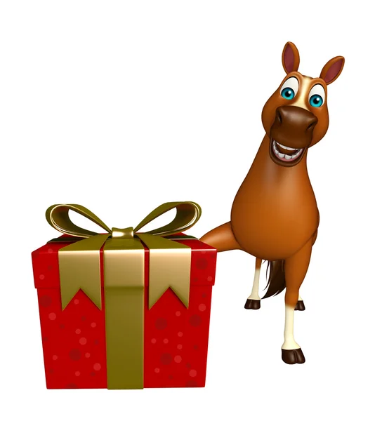 Lindo personaje de dibujos animados Caballo con caja de regalo —  Fotos de Stock