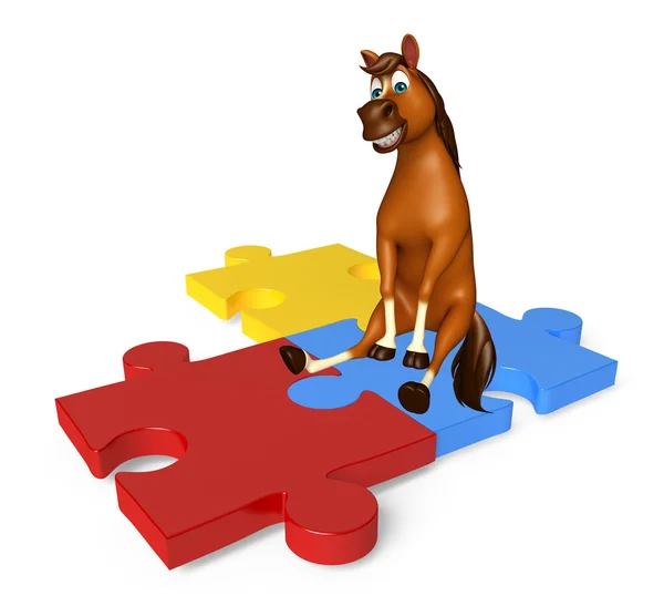 Personagem de desenho animado cavalo bonito com sinal de quebra-cabeça — Fotografia de Stock