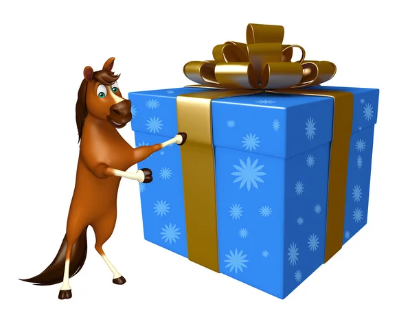 Leuk paard stripfiguur met geschenkdoos — Stockfoto