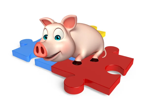 Caráter de desenho animado porco com quebra-cabeça — Fotografia de Stock