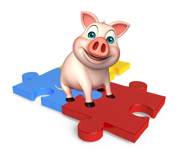Caráter de desenho animado porco com quebra-cabeça — Fotografia de Stock
