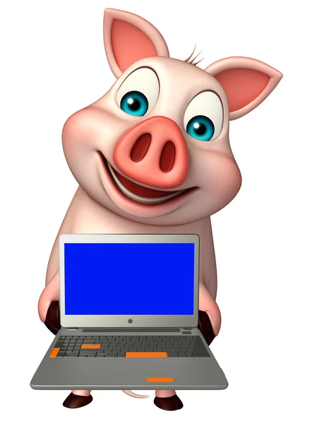 Свинья мультяшный персонаж с ноутбуком — стоковое фото